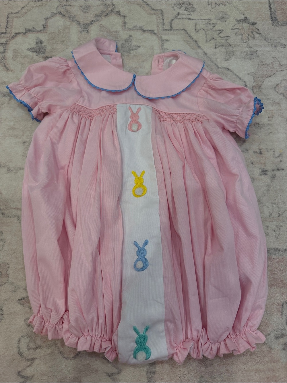 Pink Smocked One-Piece with Pastel Embroidered Bunnies